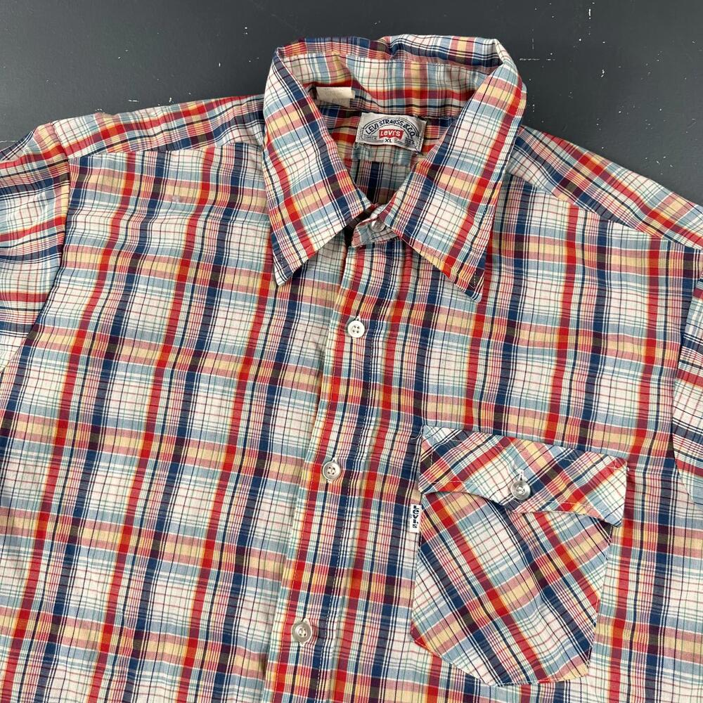 VTG Levis Shirt Mens XL Red White Blue Button Plaid Western USA Made 90's